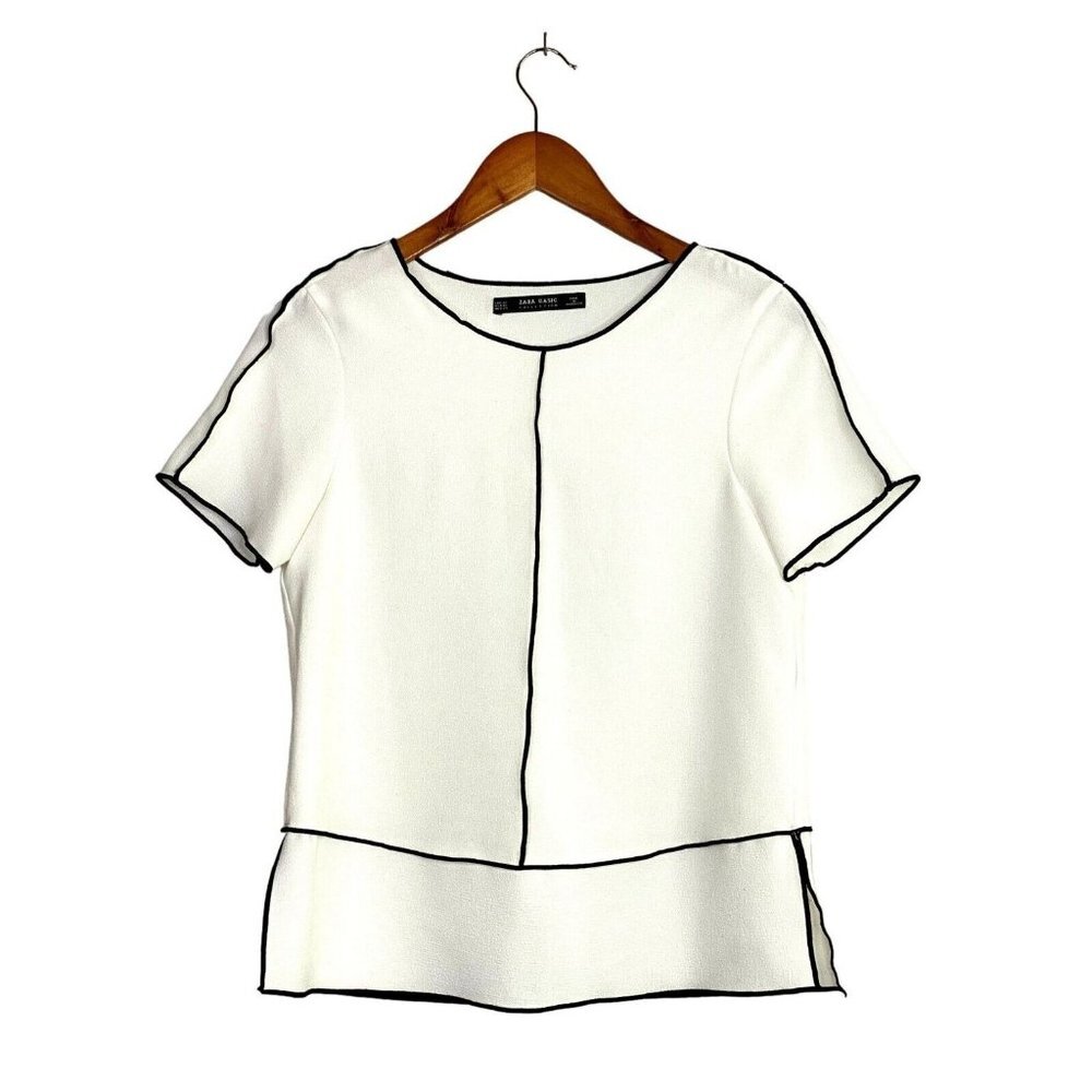 Zara Short Sleeve Contrast Side Slit Lightweight Blouse - Picture 9 of 12